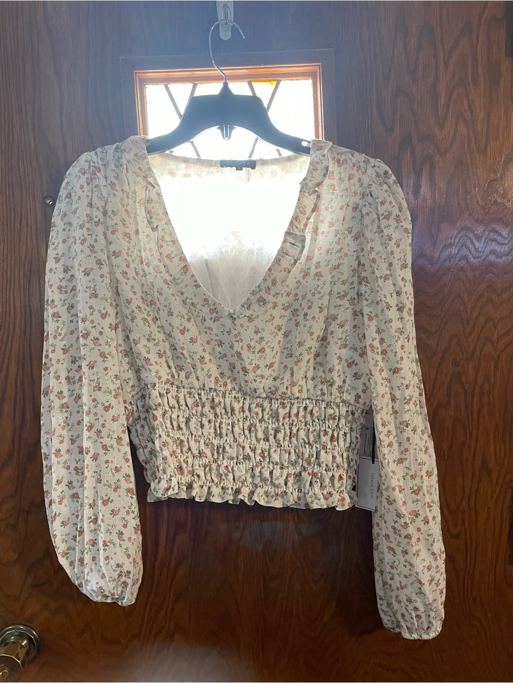 1. State Cream Floral Smocked Waist V-Neck Long Sleeve Top